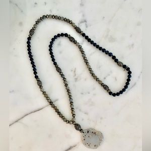 Hipchik Couture beaded marcasite navy/grey Agate Stone Necklace